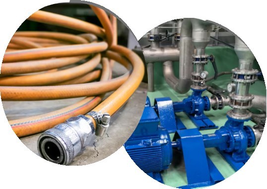 Industrial pumps and hoses shown in the company profile